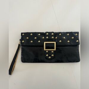 Sabrina New York Black Patent Leather Brass Studded‎ Fold Over Wristlet